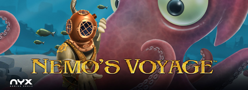 Nemos's Voyage Slot Logo vor einem Taucher und einem großen Tintenfisch unterwasser